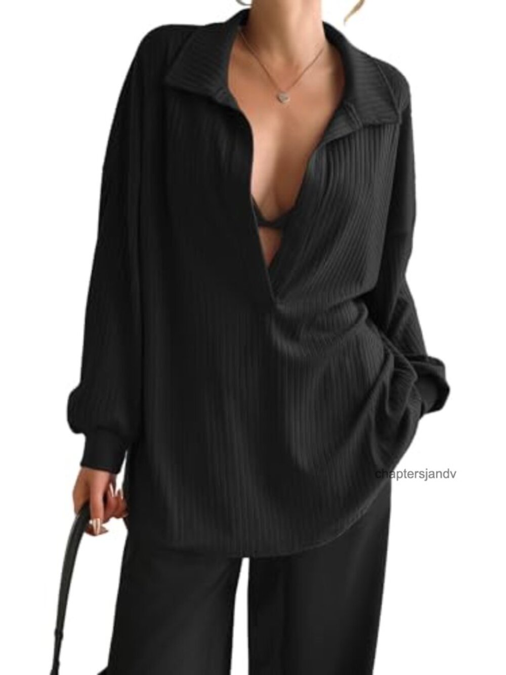 Fisoew Women's Oversized V-Neck Ribbed Knit Long Sleeve Sweatshirt Pullover